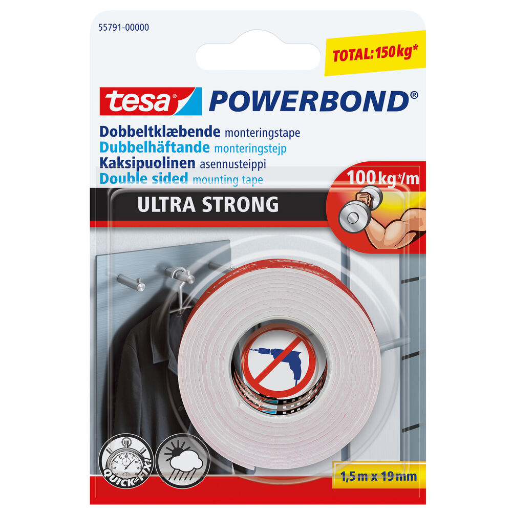 Tesa Monteringstejp dubbelhäftande Powerbond Ultra Strong 19 mm x 1,5 m