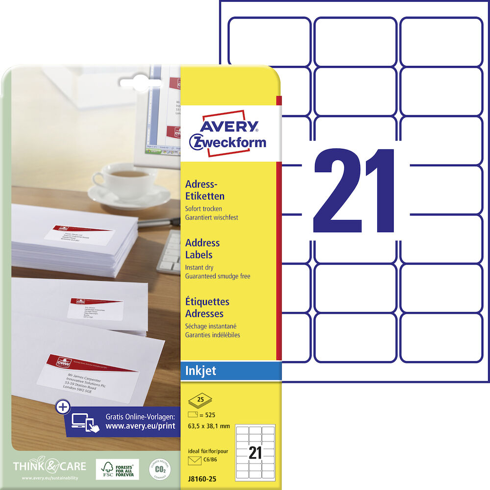 Avery Etikett J8160 63,5x38,1mm 525/fp
