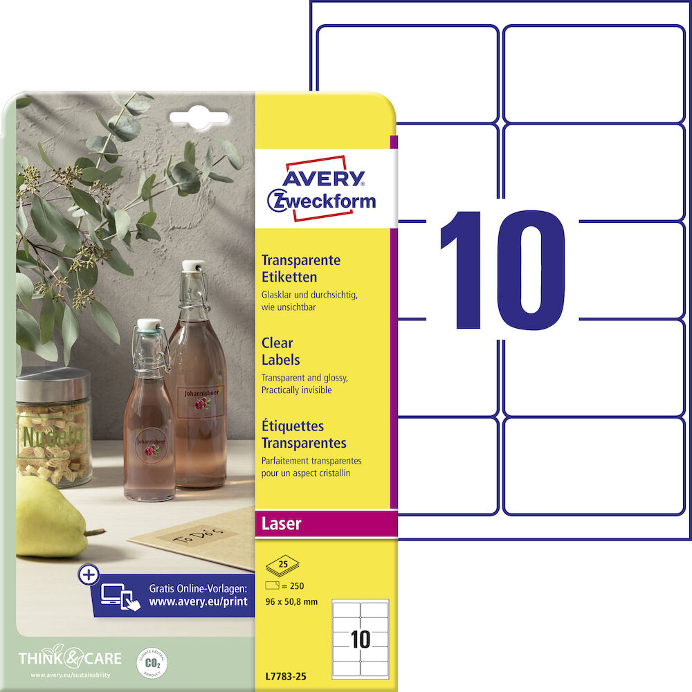Avery Etikett transparent 96x50,8mm 250/fp