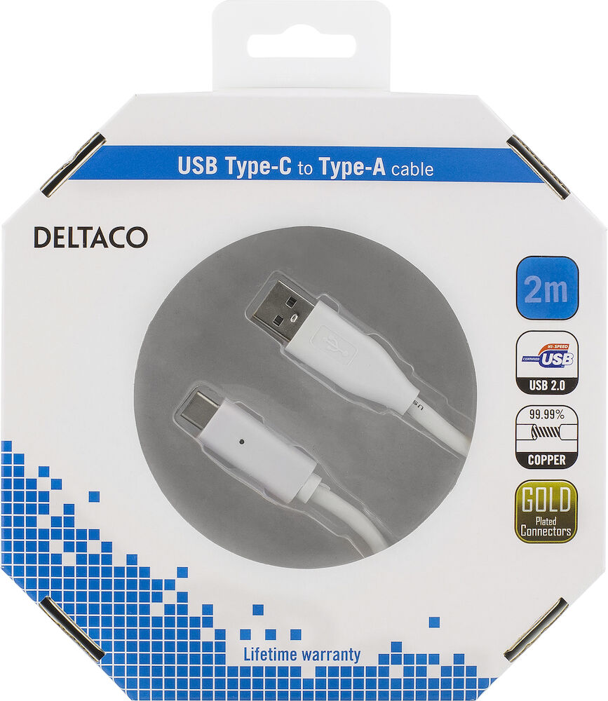 Deltaco USB-C - A 2.0 2 Meter Vit
