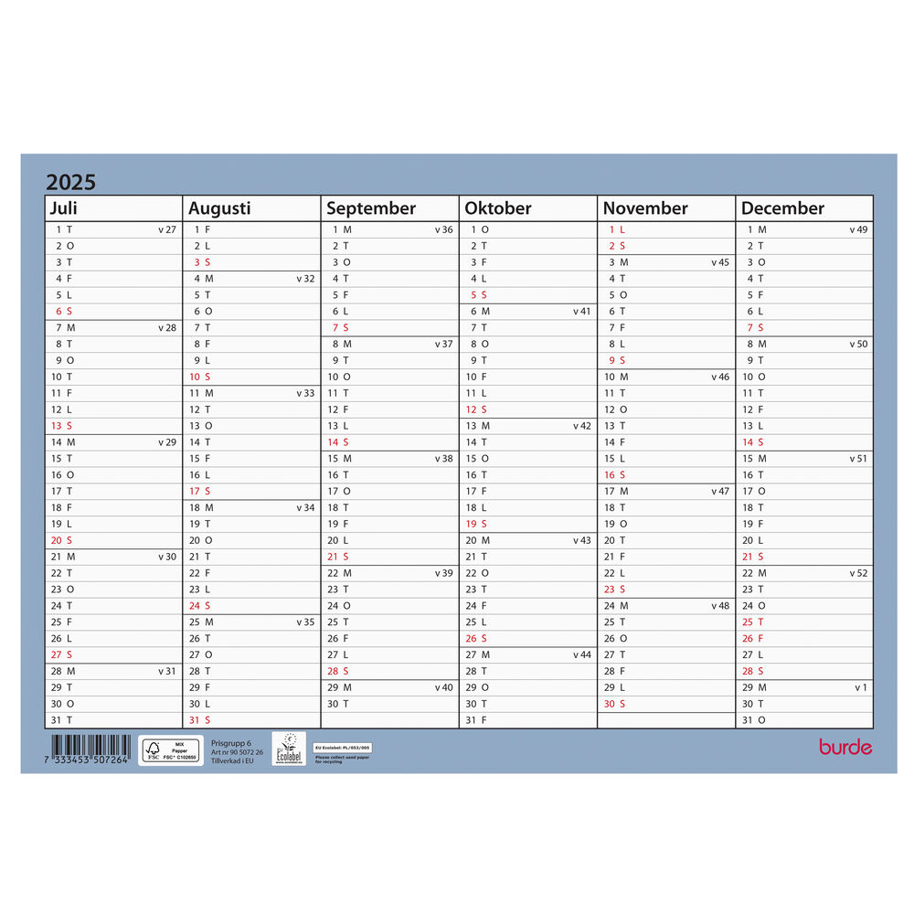 Burde Väggkalender/väggblad A4 25/26