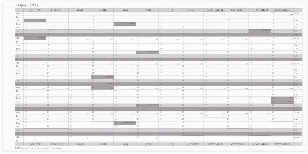 Burde Väggkalender 2025 Årsplan 5 st/fp