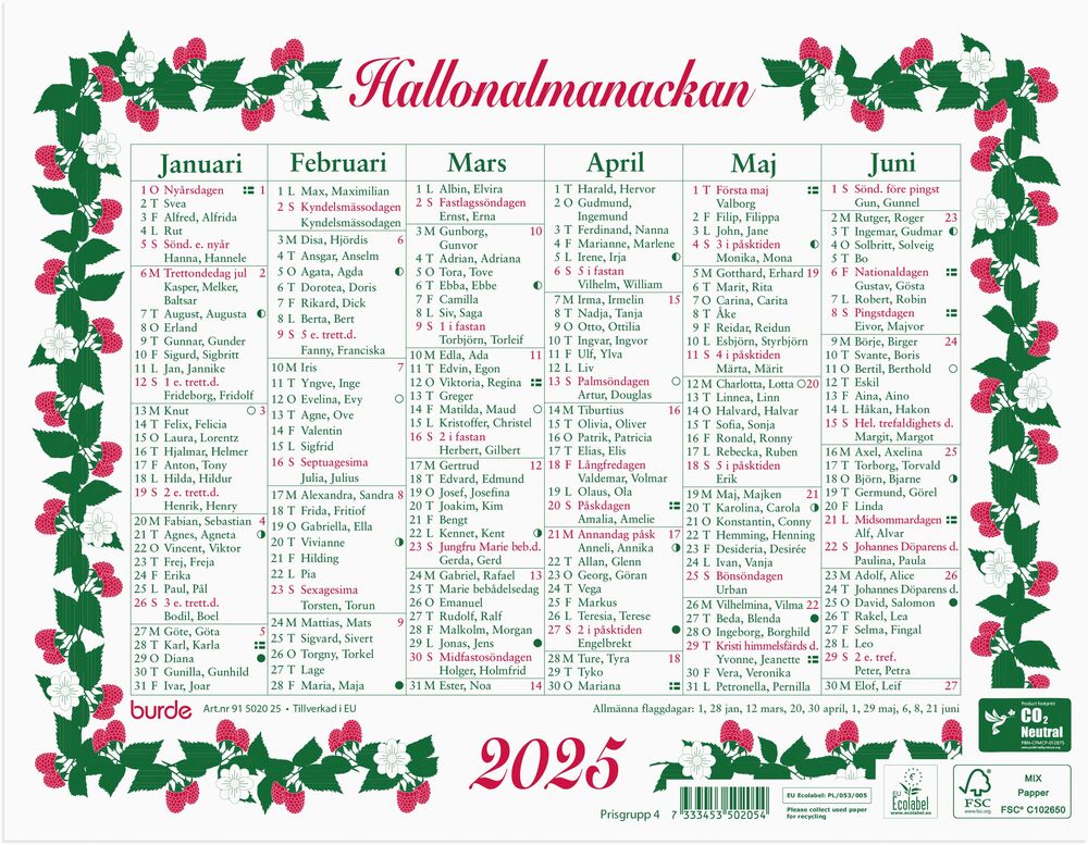 Burde Väggkalender Lilla Hallonalmanackan 2025