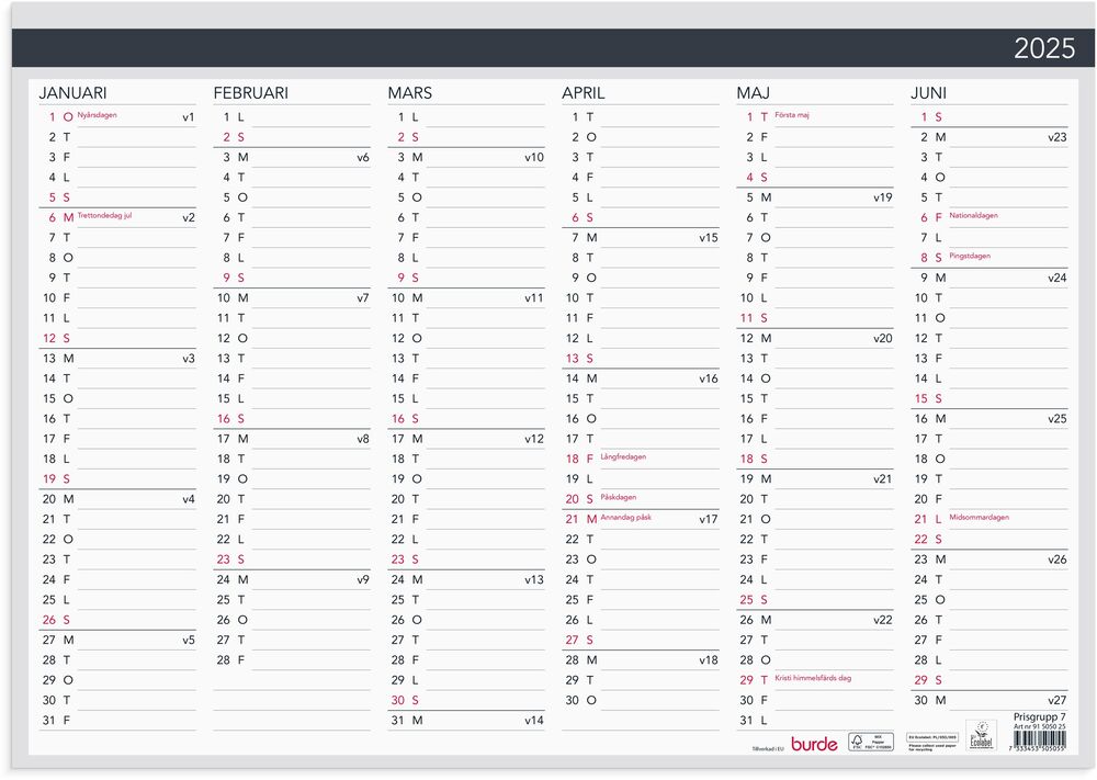 Burde Kalender Väggblad Elegant 2025