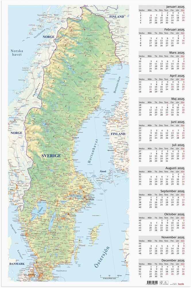 Burde Kalender Väggblad Sverigekarta 2025