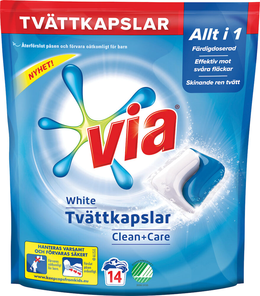 VIA Tvättmedel Tvättkapslar White Clean + Care 14 st/fp
