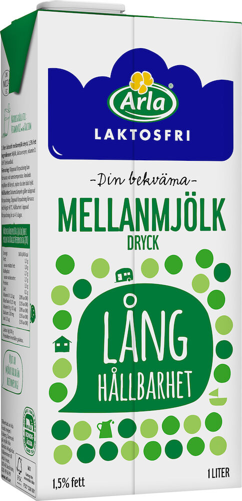 Arla H-Mjölk Mellanmjölk 1,5% laktosfri 1 liter Lång Hållbarhet