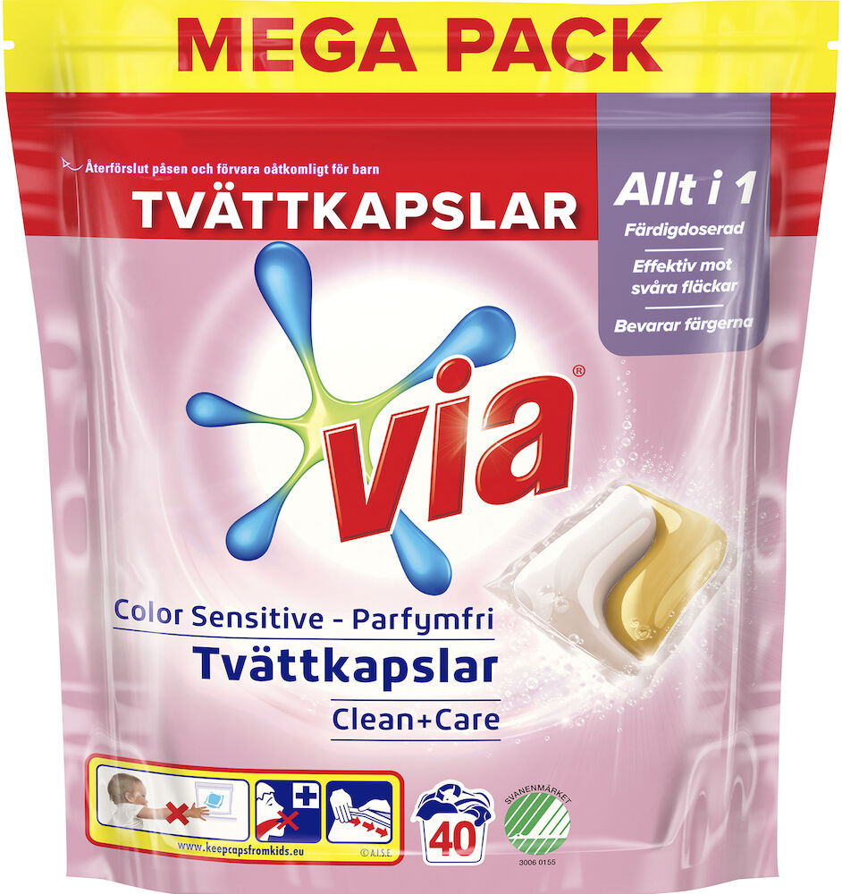 VIA Tvättkapslar Color Sensitive Clean + Care 40 kapslar