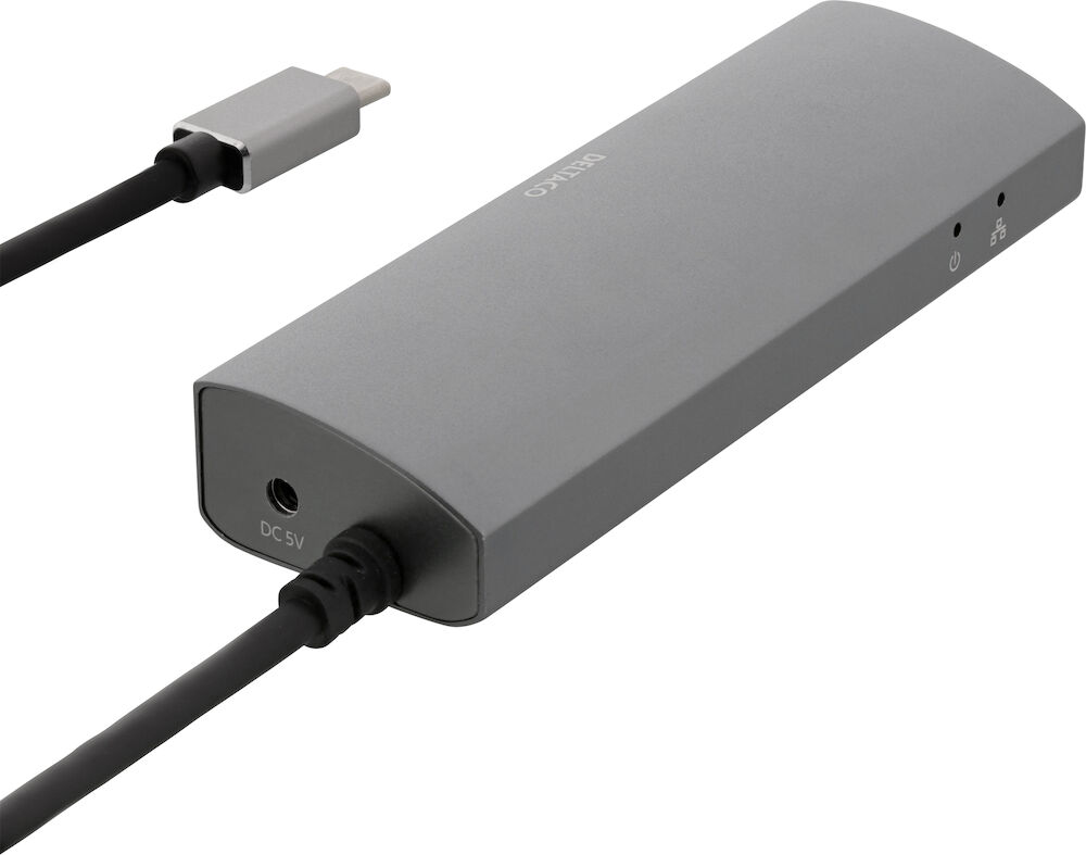 Deltaco Hub USB-C/RJ45/3xUSB-A 3.0 grå