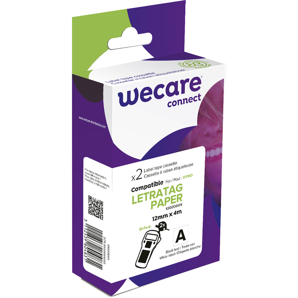Wecare Märkband papper svart/vit 12 mm 4 Meter 2-pack