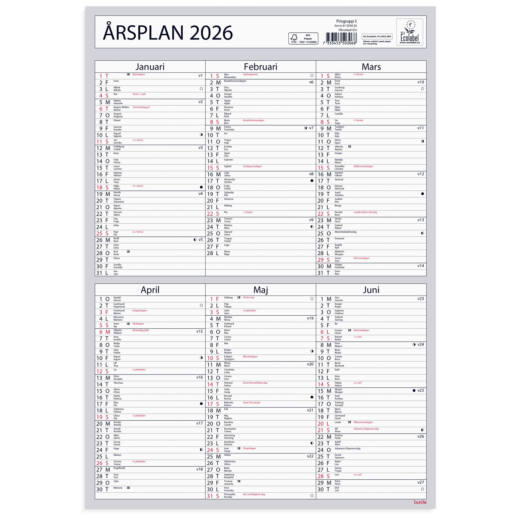 Väggkalender Årsplan 2026