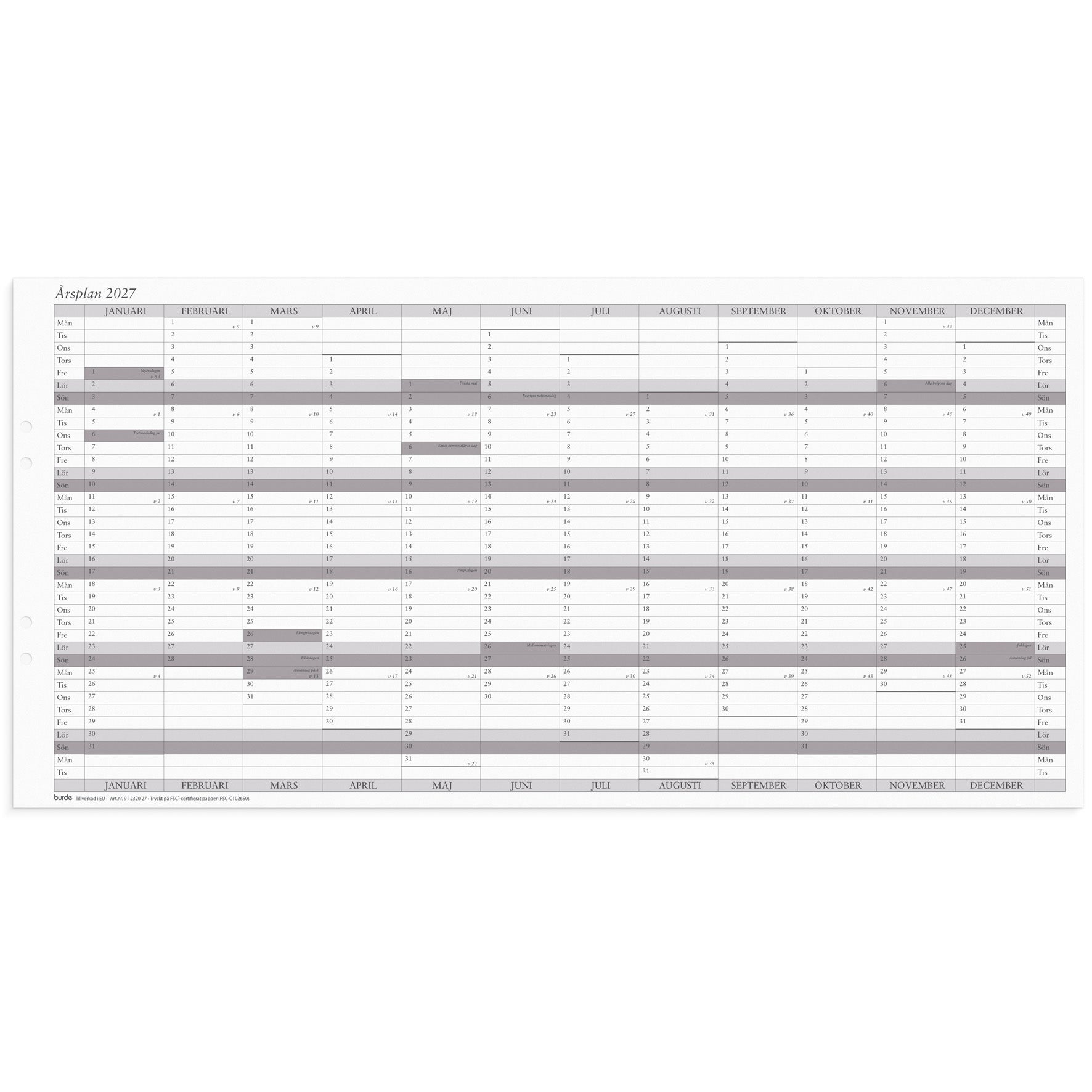 Väggkalender 2027 Årsplan 5/fp