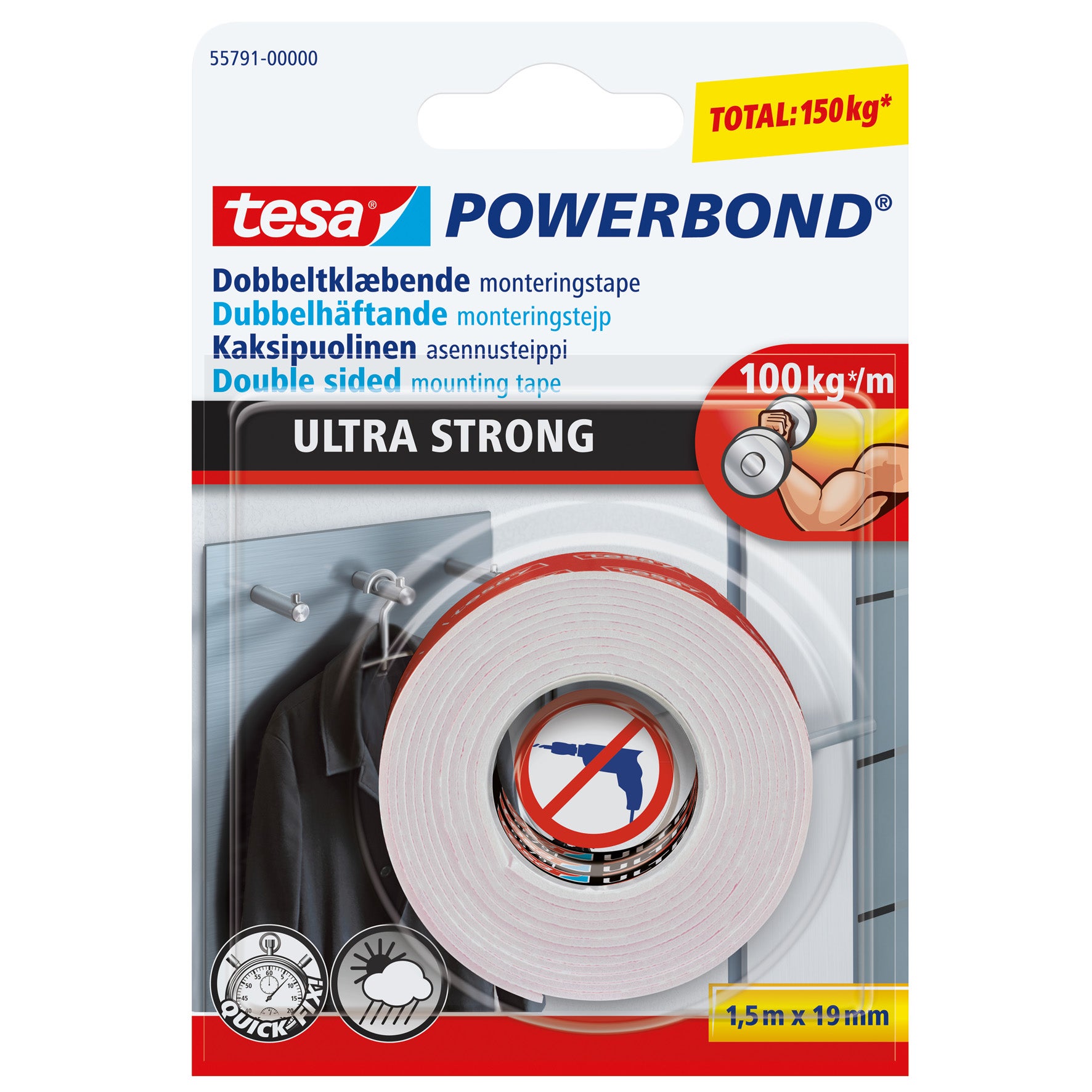 Monteringstejp dubbelhäftande Powerbond Ultra Strong 19 mm x 1,5 m