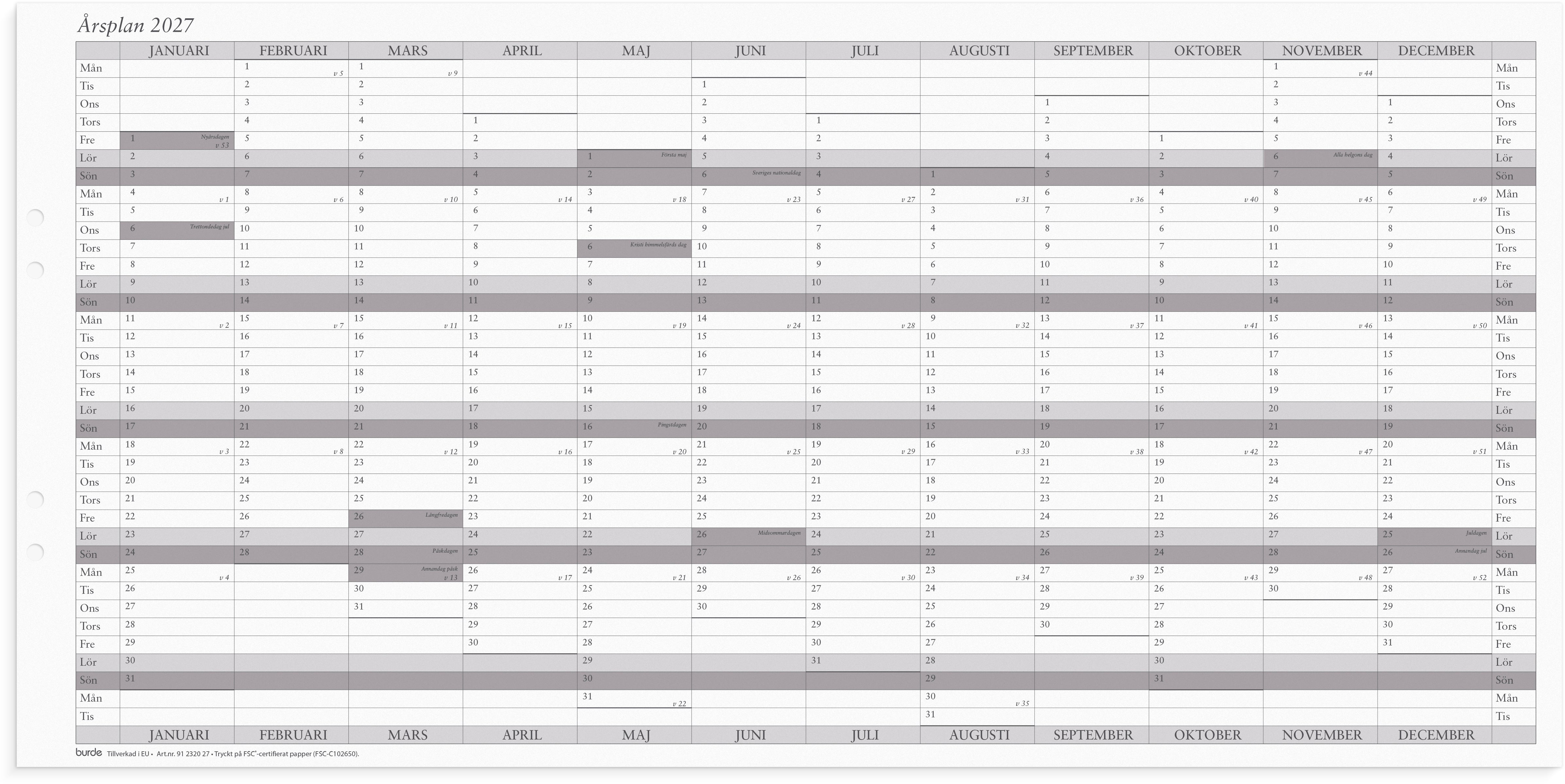 Väggkalender 2027 Årsplan 5-pack Burde