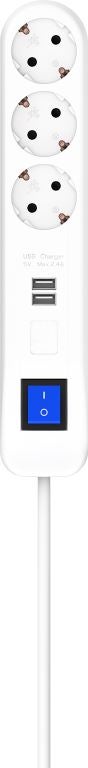 Grenuttag Brytare 3-vägs Jordad + 2 USB 3 Meter Vit