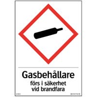 Skylt Gasbehållare förs i säkerhet A6 105x148 mm Hårdplast