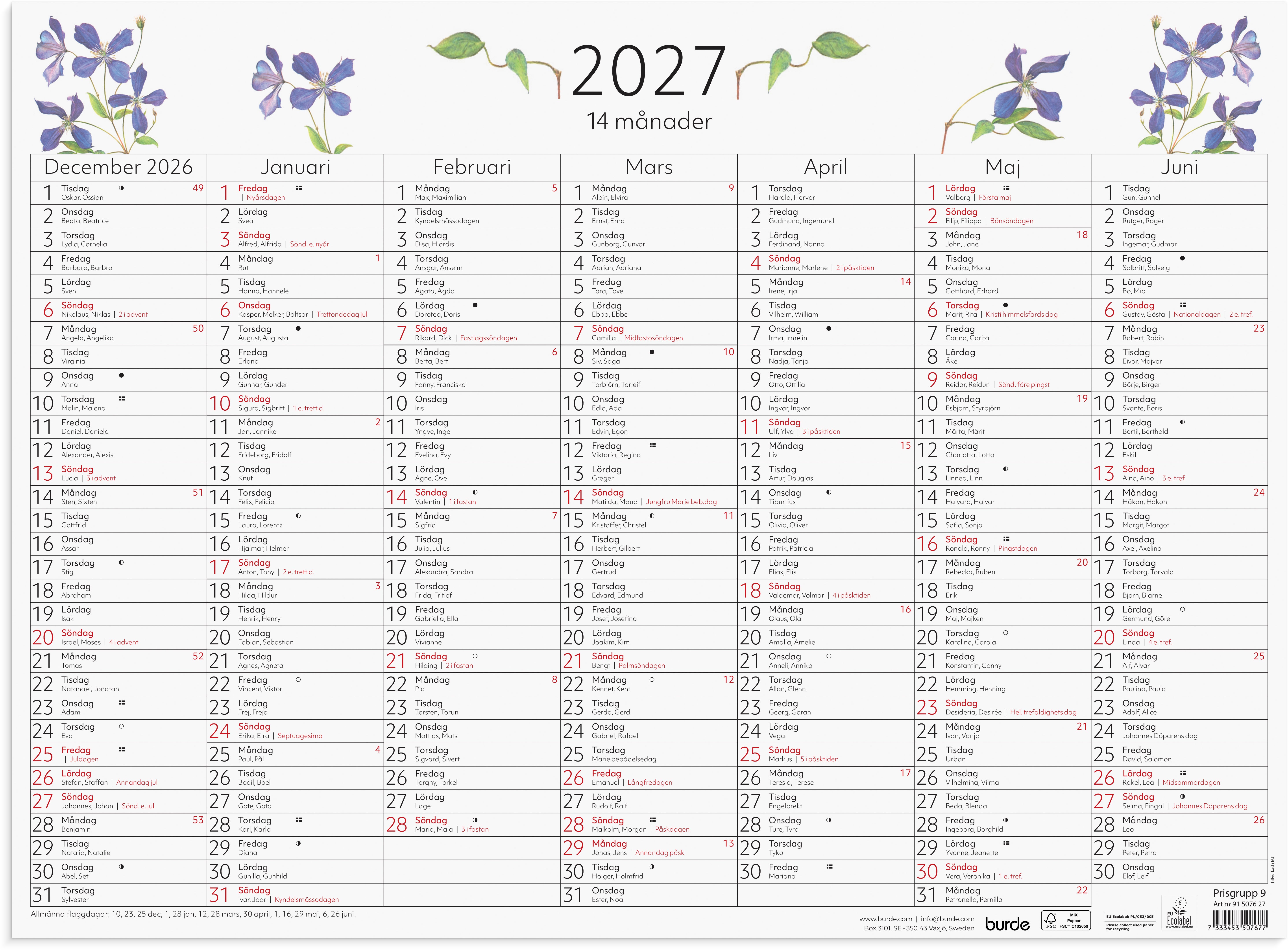 Väggblad 2027 14-månader Burde