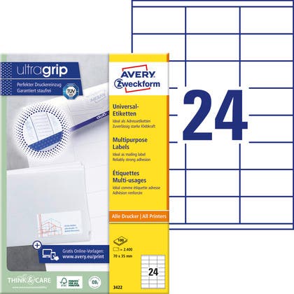 Multifunktionsetiketter Avery med Ultragrip