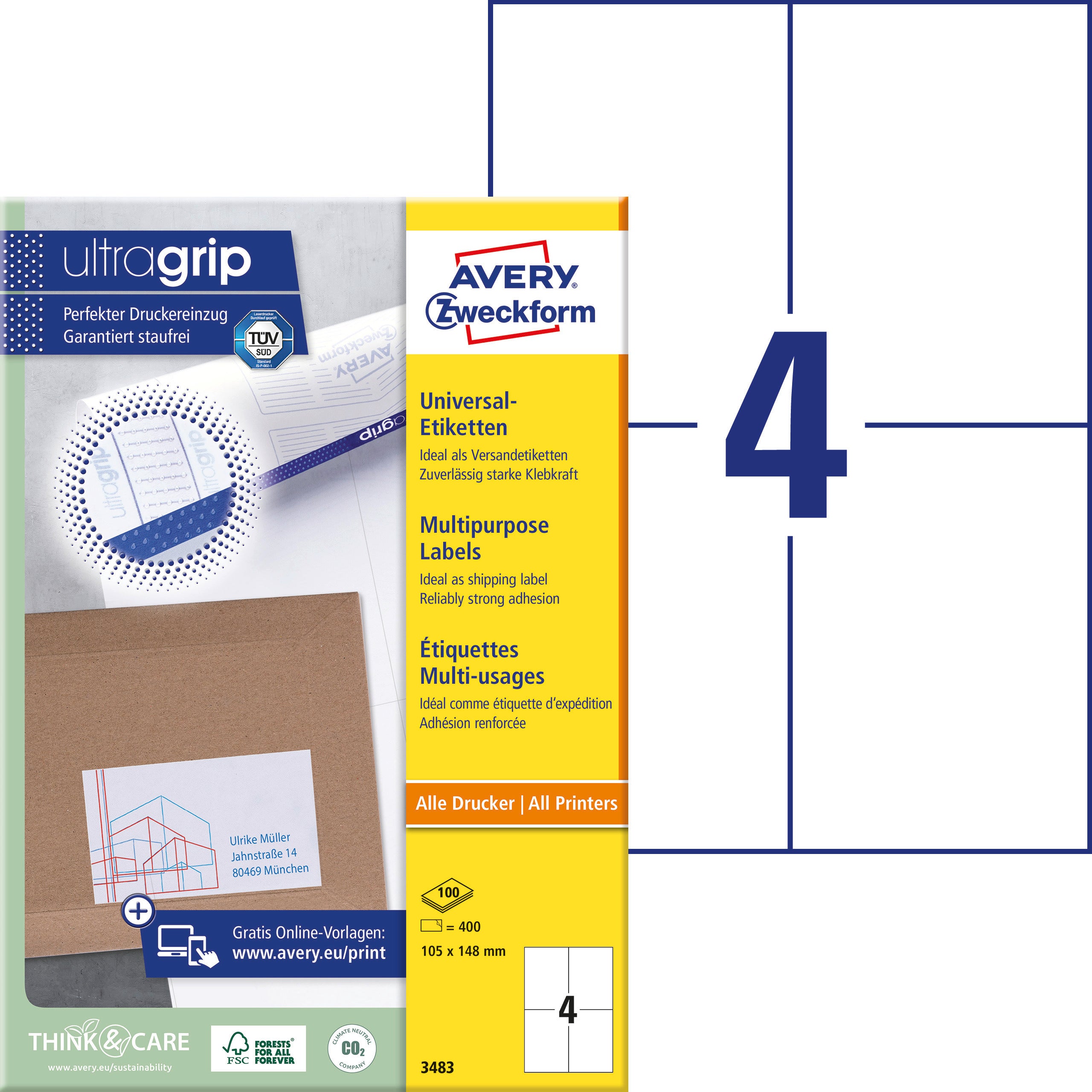 Multifunktionsetiketter Avery med Ultragrip