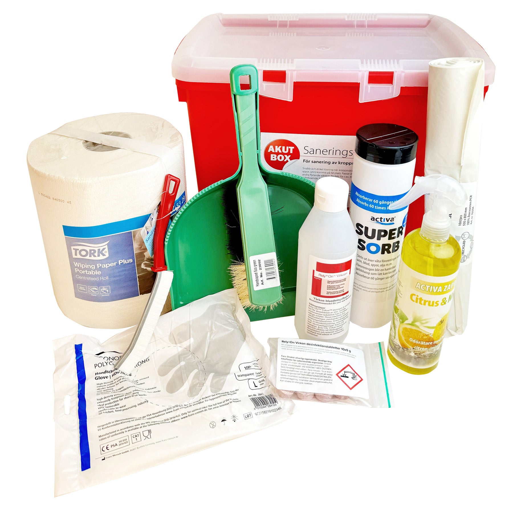 Akutbox/saneringskit för kroppsvätskor