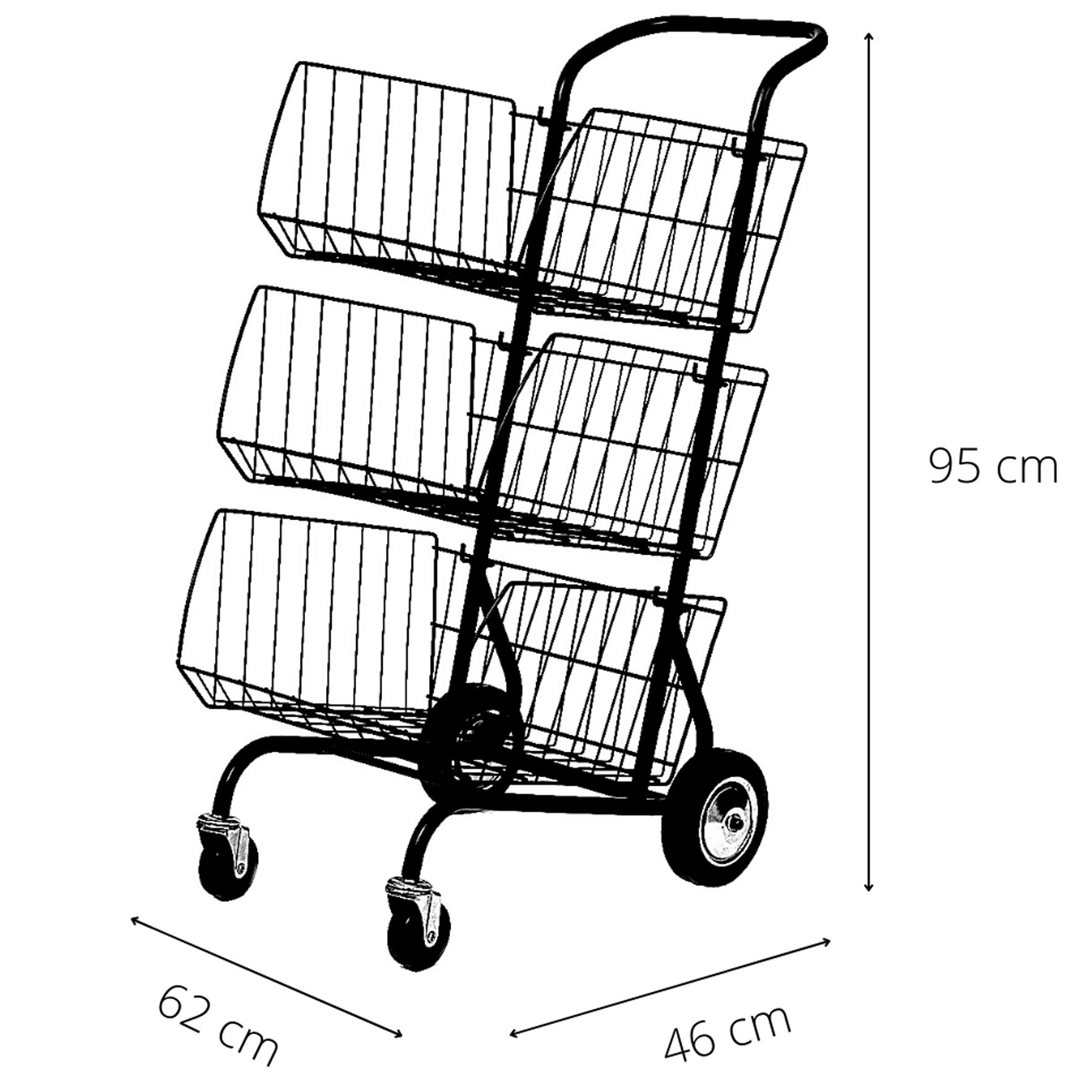 Postvagn med 3 avtagbara korgar svart