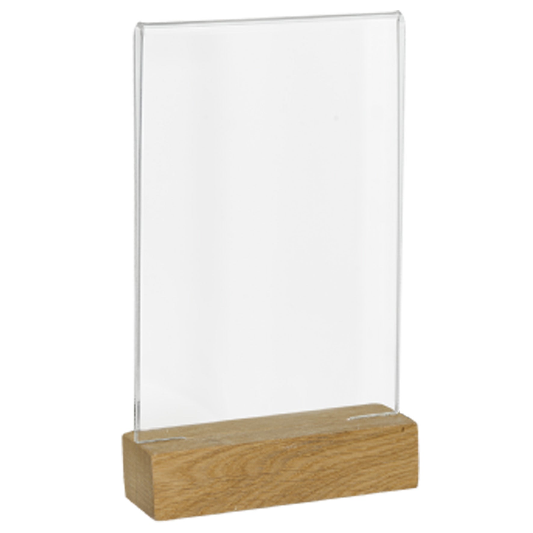 Akrylskylt med träfot A6 stående