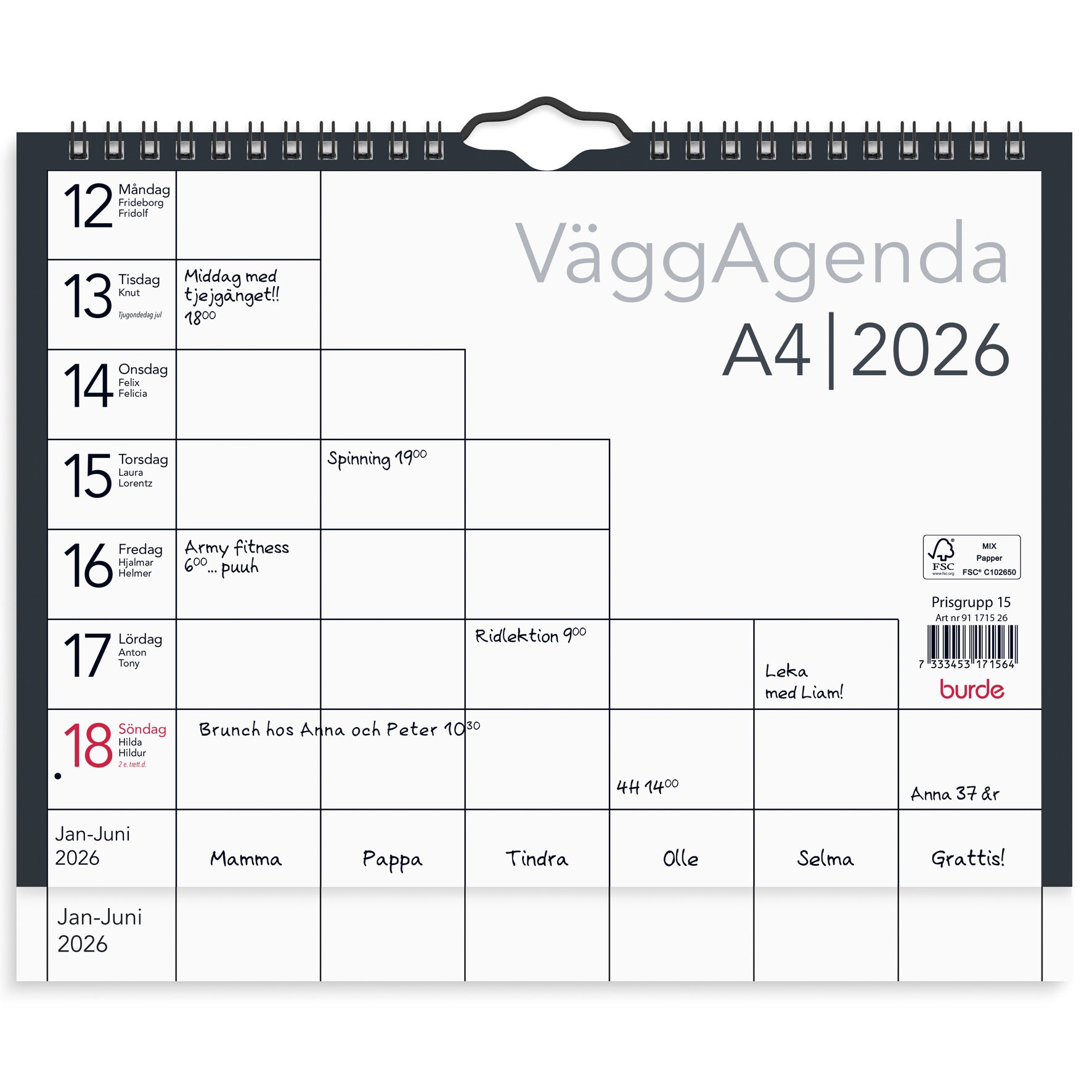 Väggkalender agenda 2026 A4